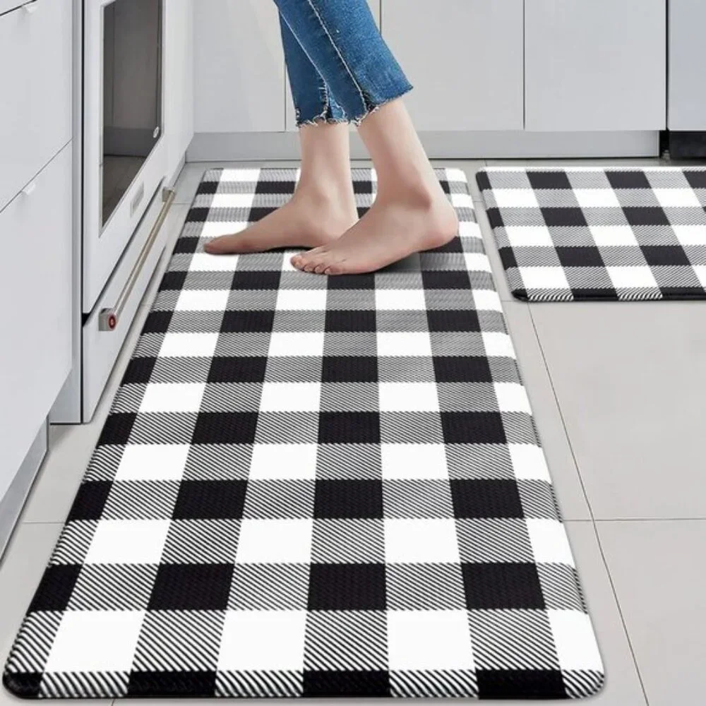 2Pcs Black White Farmhouse Kitchen Mats, Waterproof Anti Fatigue Non Slip Carpet